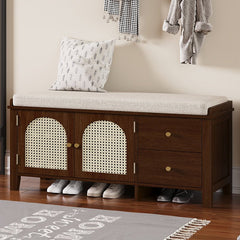Bellemave® Vintage Shoe Bench with Storage and Cushion, 2 Drawers and 2 Rattan Door - Bellemave