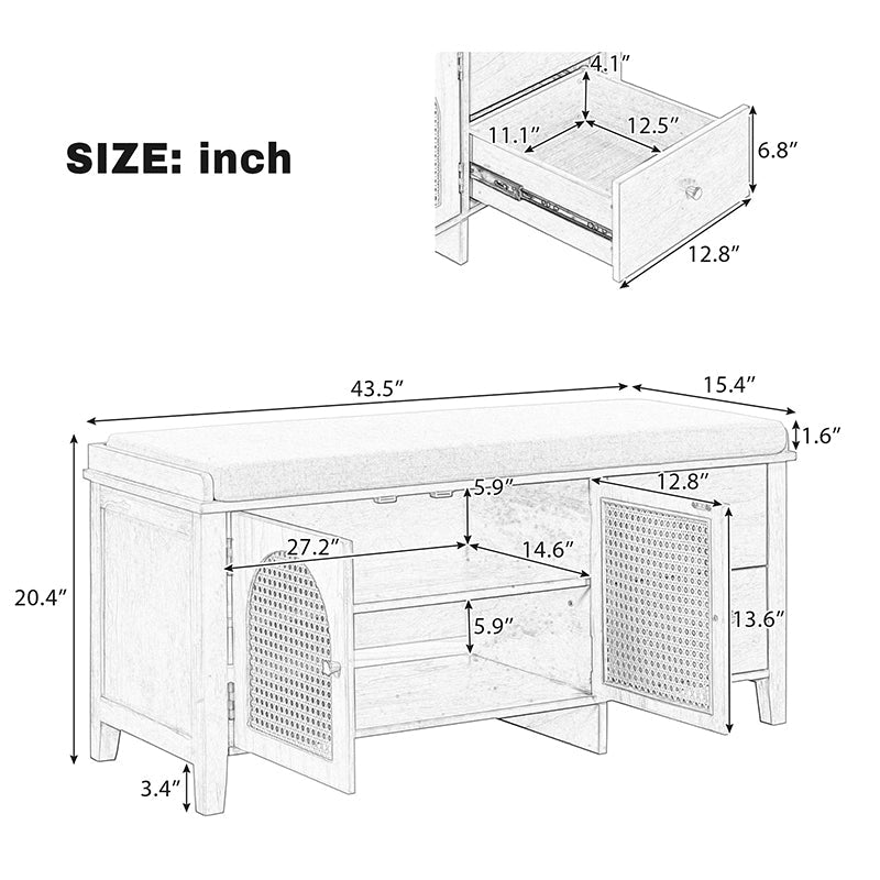 Bellemave® Vintage Shoe Bench with Storage and Cushion, 2 Drawers and 2 Rattan Door - Bellemave