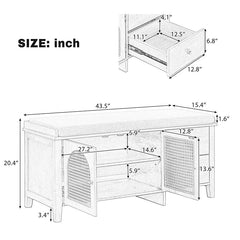 Bellemave® Vintage Shoe Bench with Storage and Cushion, 2 Drawers and 2 Rattan Door - Bellemave