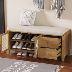 Bellemave® Vintage Shoe Bench with Storage and Cushion, 2 Drawers and 2 Rattan Door - Bellemave