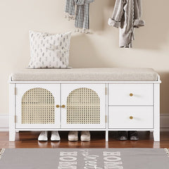 Bellemave® Vintage Shoe Bench with Storage and Cushion, 2 Drawers and 2 Rattan Door - Bellemave