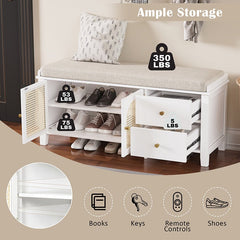 Bellemave® Vintage Shoe Bench with Storage and Cushion, 2 Drawers and 2 Rattan Door - Bellemave