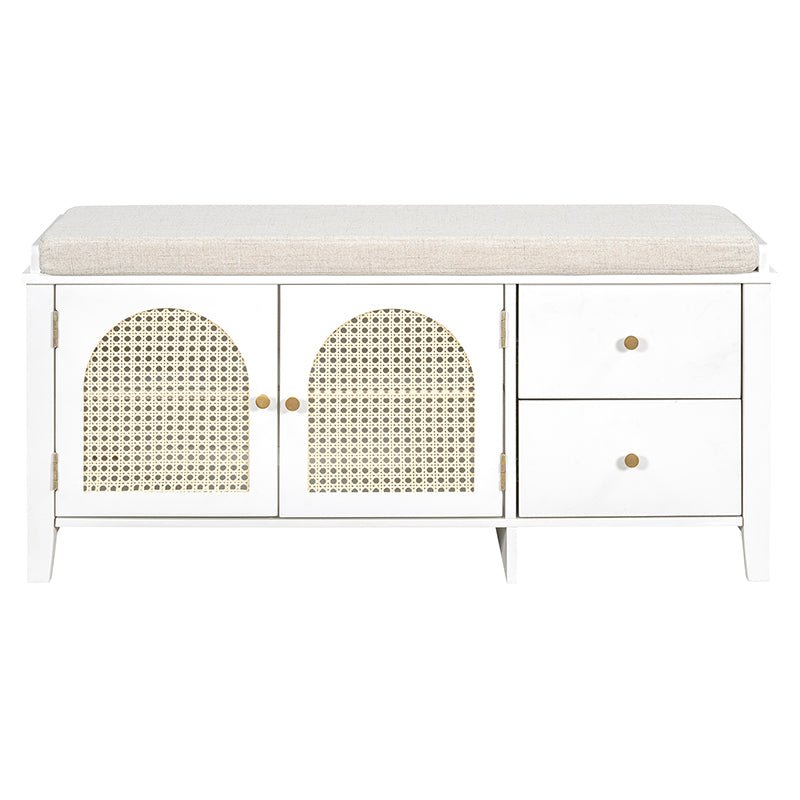 Bellemave® Vintage Shoe Bench with Storage and Cushion, 2 Drawers and 2 Rattan Door - Bellemave