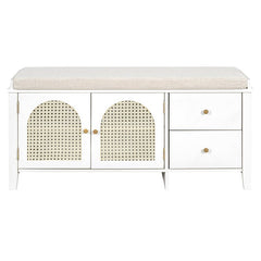 Bellemave® Vintage Shoe Bench with Storage and Cushion, 2 Drawers and 2 Rattan Door - Bellemave