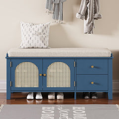 Bellemave® Vintage Shoe Bench with Storage and Cushion, 2 Drawers and 2 Rattan Door - Bellemave