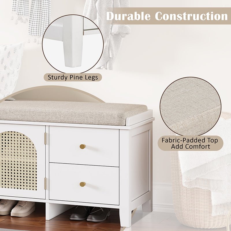 Bellemave® Vintage Shoe Bench with Storage and Cushion, 2 Drawers and 2 Rattan Door - Bellemave