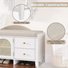 Bellemave® Vintage Shoe Bench with Storage and Cushion, 2 Drawers and 2 Rattan Door - Bellemave