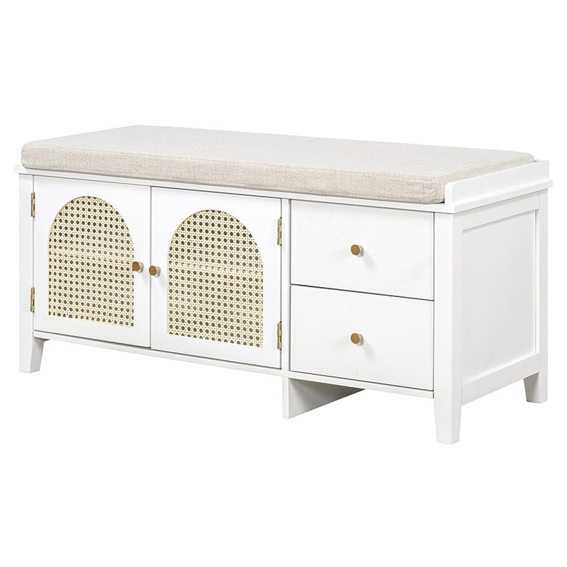 Bellemave® Vintage Shoe Bench with Storage and Cushion, 2 Drawers and 2 Rattan Door - Bellemave