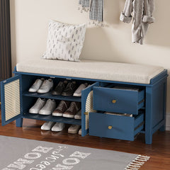Bellemave® Vintage Shoe Bench with Storage and Cushion, 2 Drawers and 2 Rattan Door - Bellemave