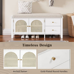 Bellemave® Vintage Shoe Bench with Storage and Cushion, 2 Drawers and 2 Rattan Door - Bellemave