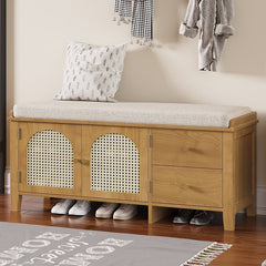 Bellemave® Vintage Shoe Bench with Storage and Cushion, 2 Drawers and 2 Rattan Door - Bellemave