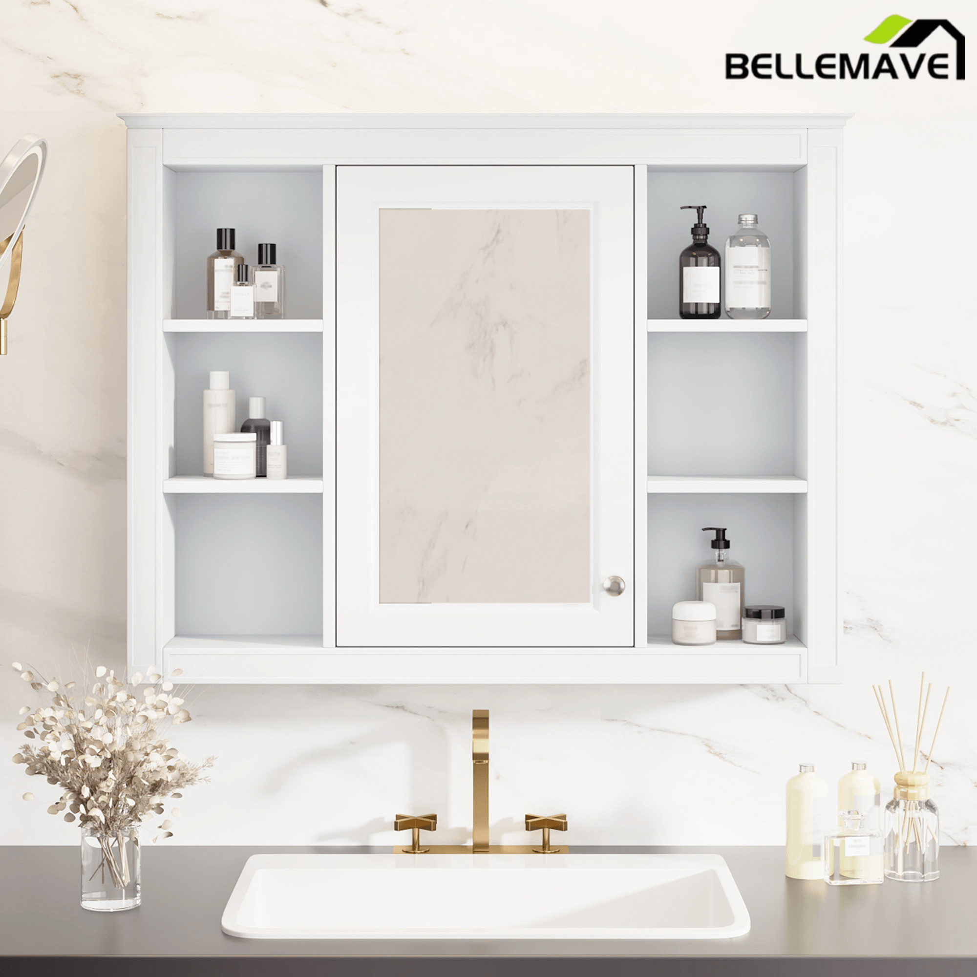 Bellemave® Wall Mounted Medicine Cabinet with Mirror Door & 6 Adjustable Shelves, 35"W x 27.5"H – Bathroom Storage Cabinet - Bellemave