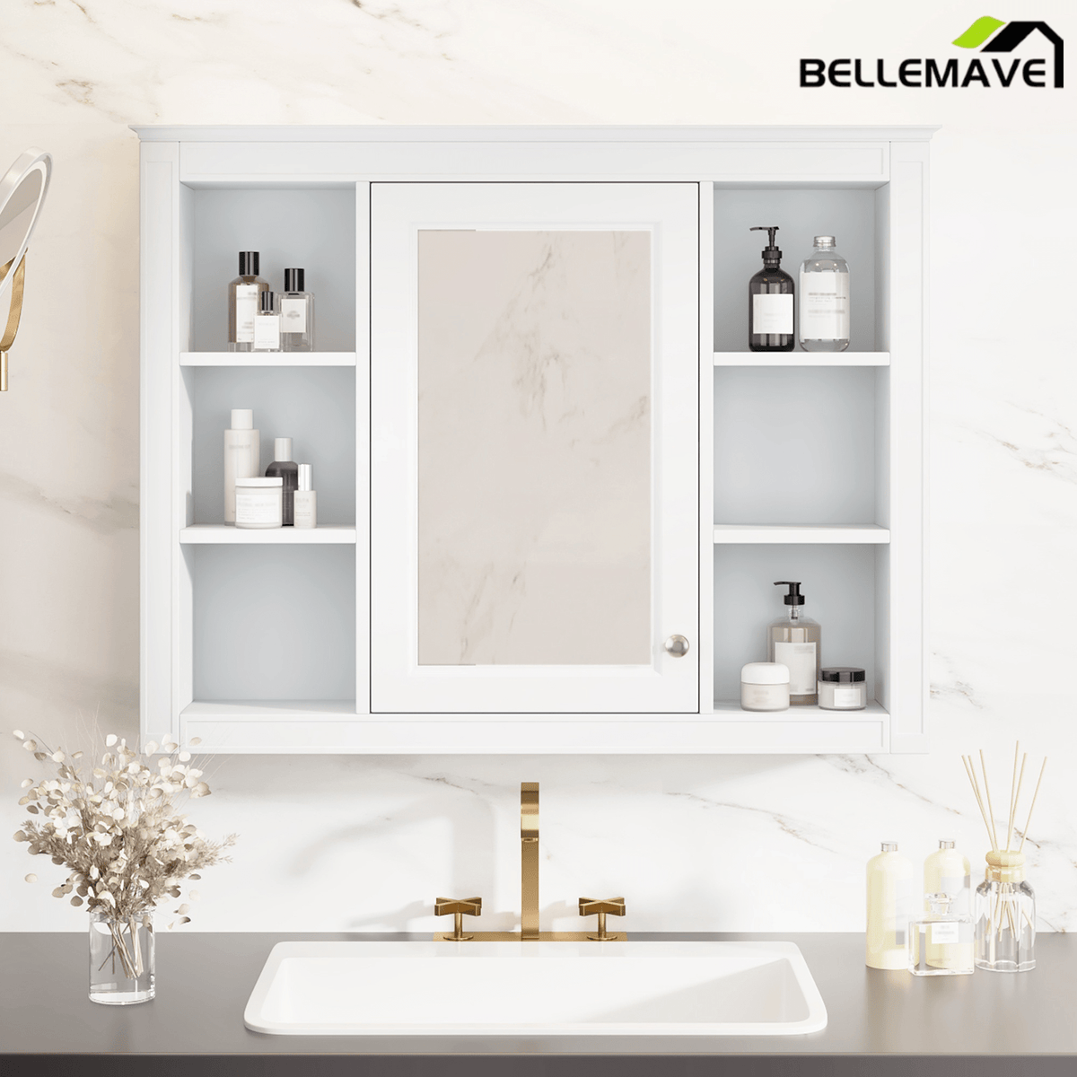 Bellemave® Wall Mounted Medicine Cabinet with Mirror Door & 6 Adjustable Shelves, 35"W x 27.5"H – Bathroom Storage Cabinet - Bellemave