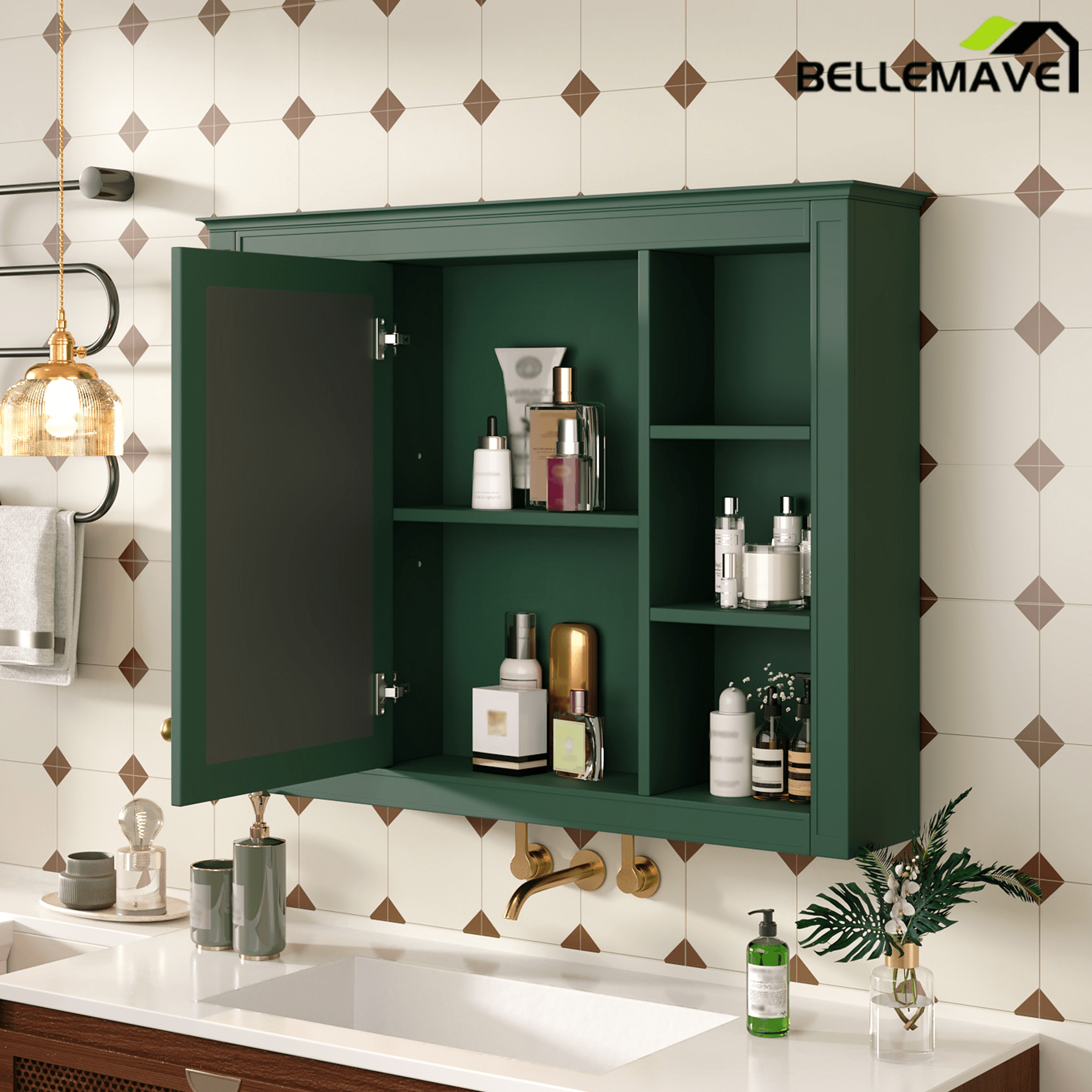 Bellemave® Wall Mounted Medicine Cabinet with Mirror Door & 6 Adjustable Shelves, 35"W x 27.5"H – Bathroom Storage Cabinet - Bellemave