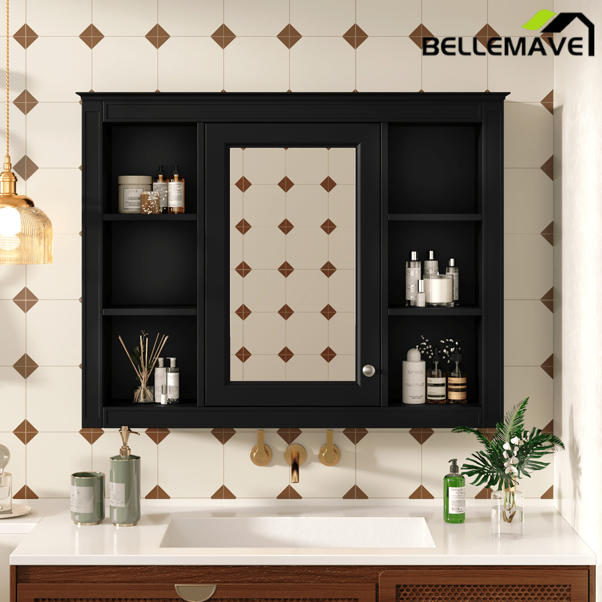Bellemave® Wall Mounted Medicine Cabinet with Mirror Door & 6 Adjustable Shelves, 35"W x 27.5"H – Bathroom Storage Cabinet - Bellemave