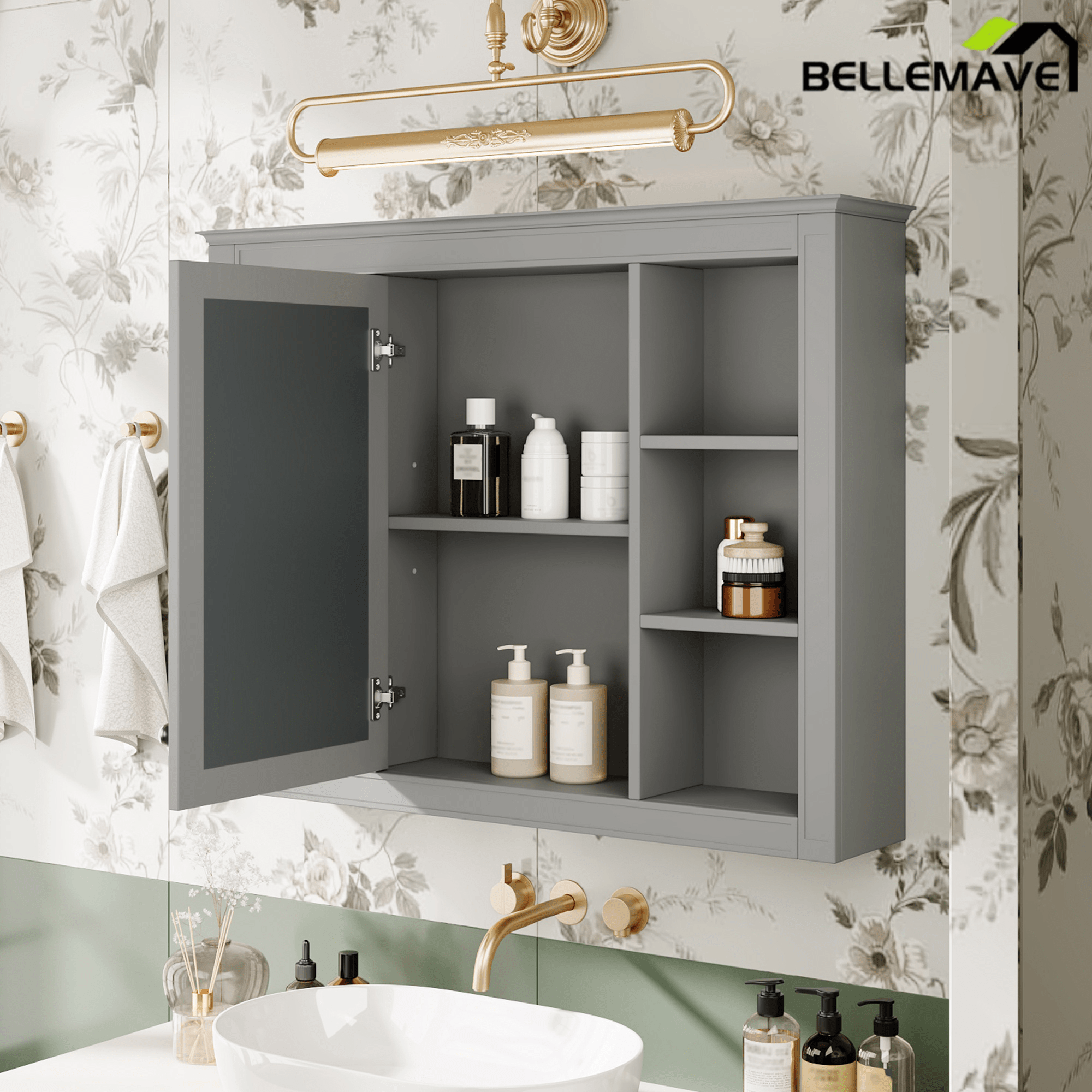 Bellemave® Wall Mounted Medicine Cabinet with Mirror Door & 6 Adjustable Shelves, 35"W x 27.5"H – Bathroom Storage Cabinet - Bellemave
