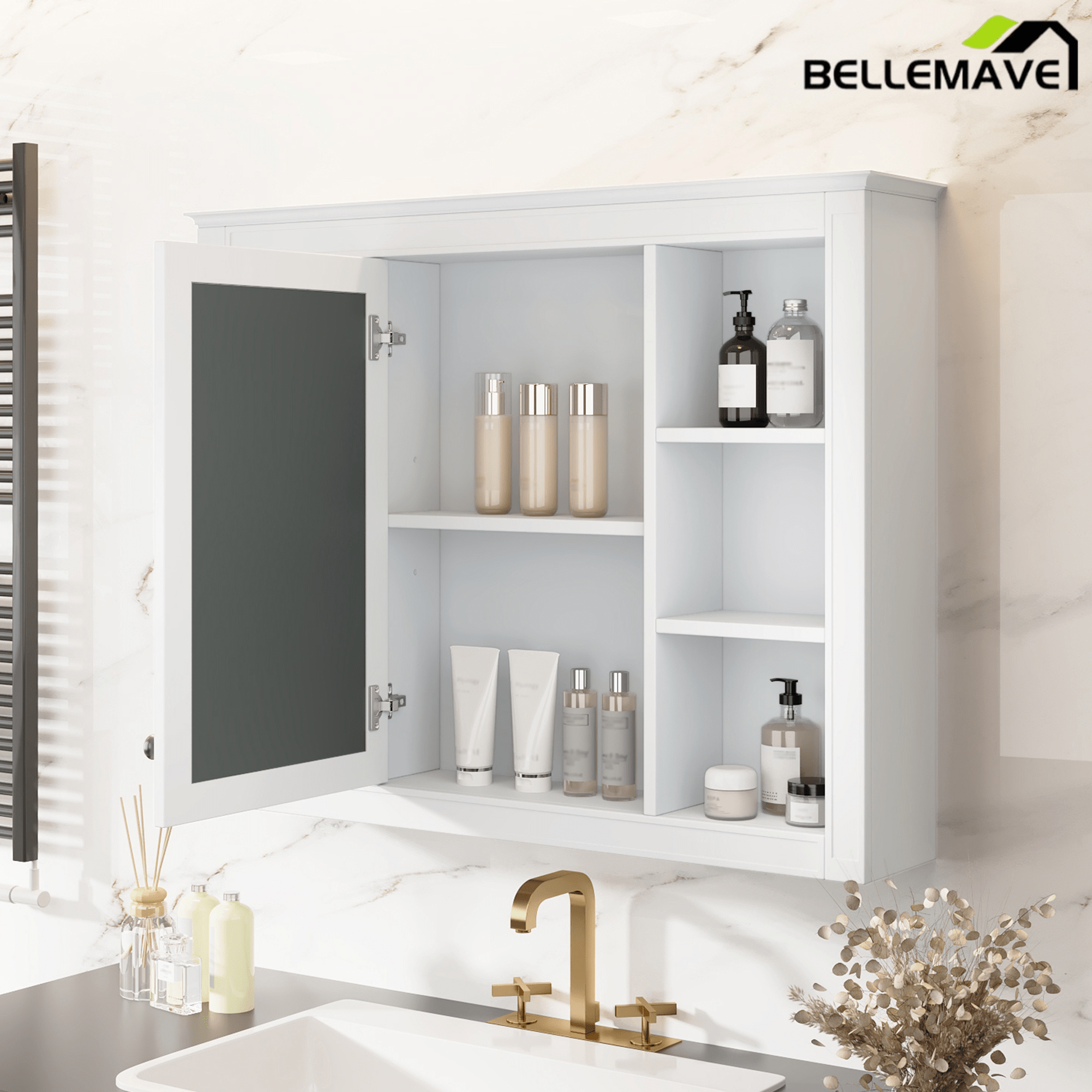 Bellemave® Wall Mounted Medicine Cabinet with Mirror Door & 6 Adjustable Shelves, 35"W x 27.5"H – Bathroom Storage Cabinet - Bellemave