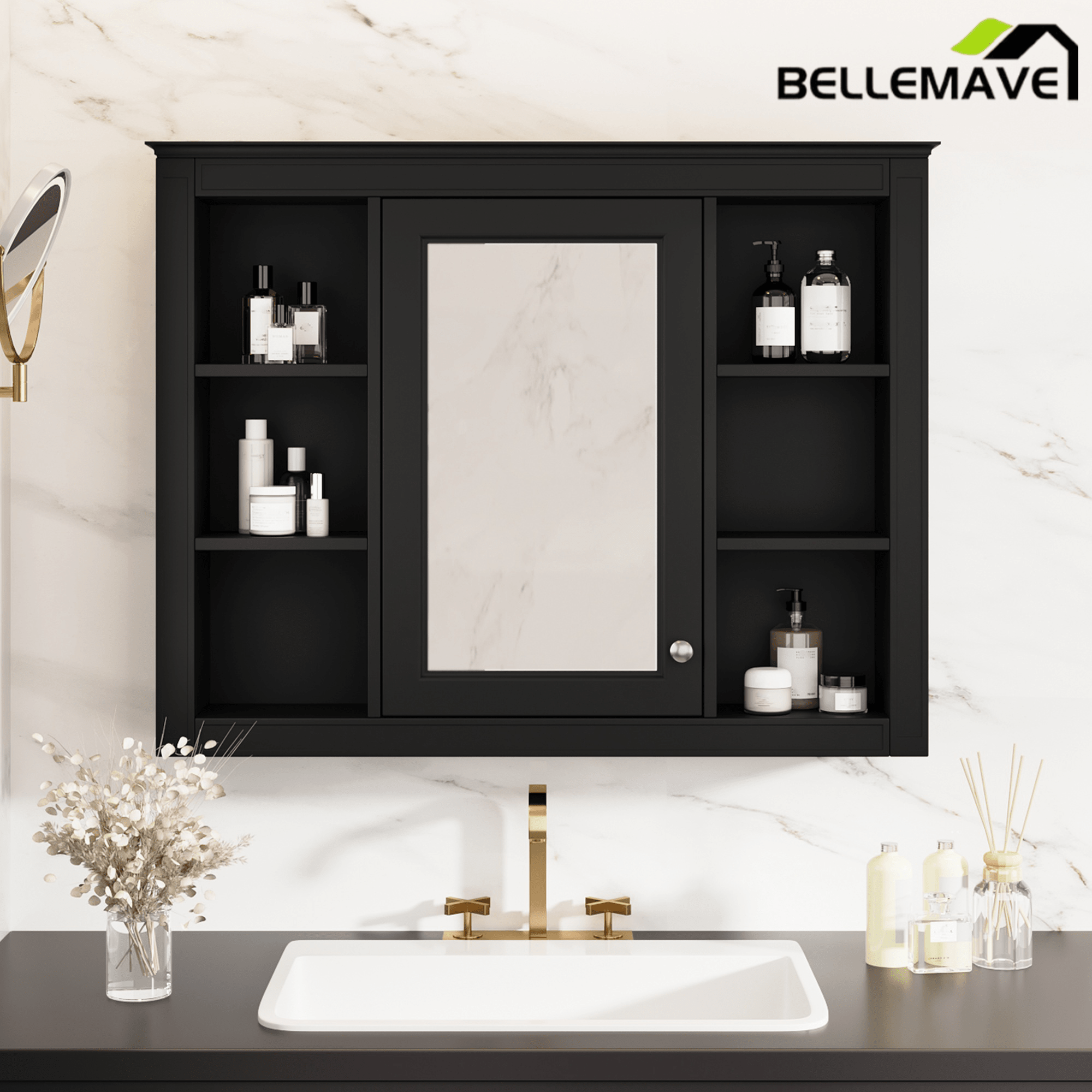 Bellemave® Wall Mounted Medicine Cabinet with Mirror Door & 6 Adjustable Shelves, 35"W x 27.5"H – Bathroom Storage Cabinet - Bellemave