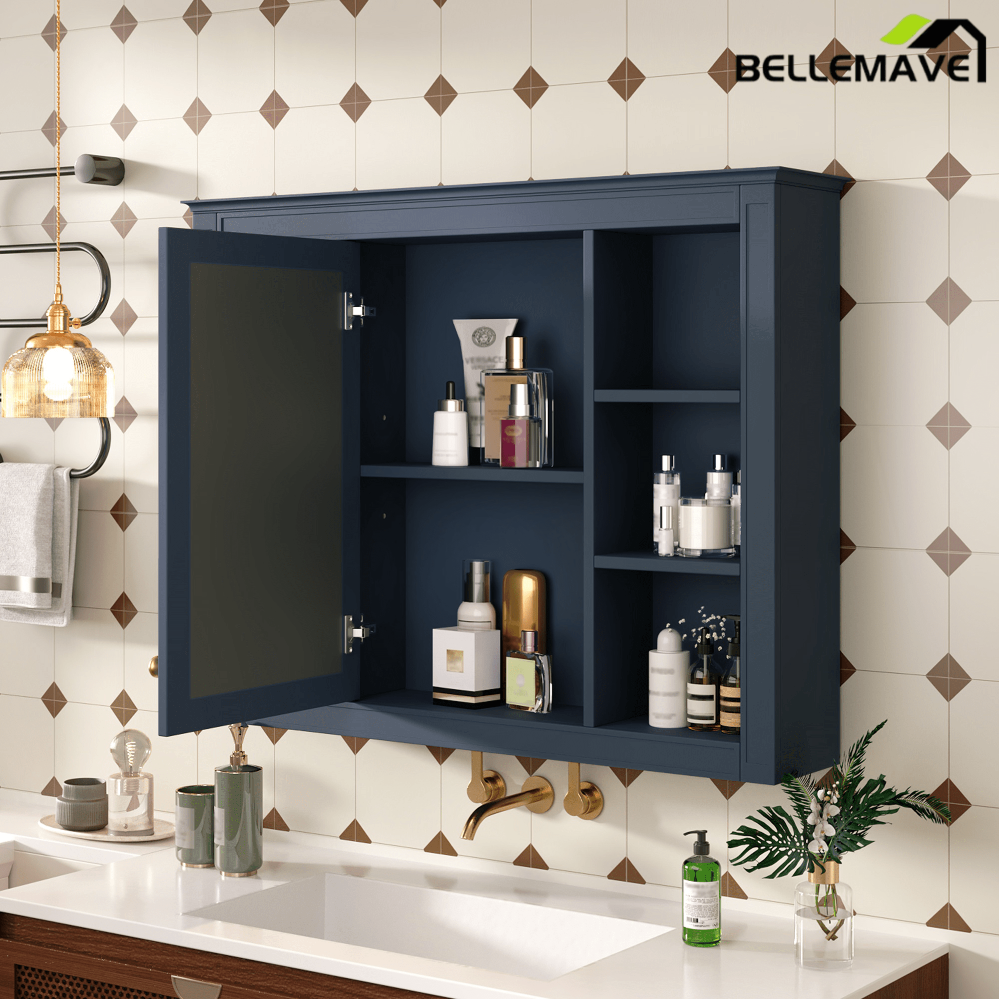 Bellemave® Wall Mounted Medicine Cabinet with Mirror Door & 6 Adjustable Shelves, 35"W x 27.5"H – Bathroom Storage Cabinet - Bellemave