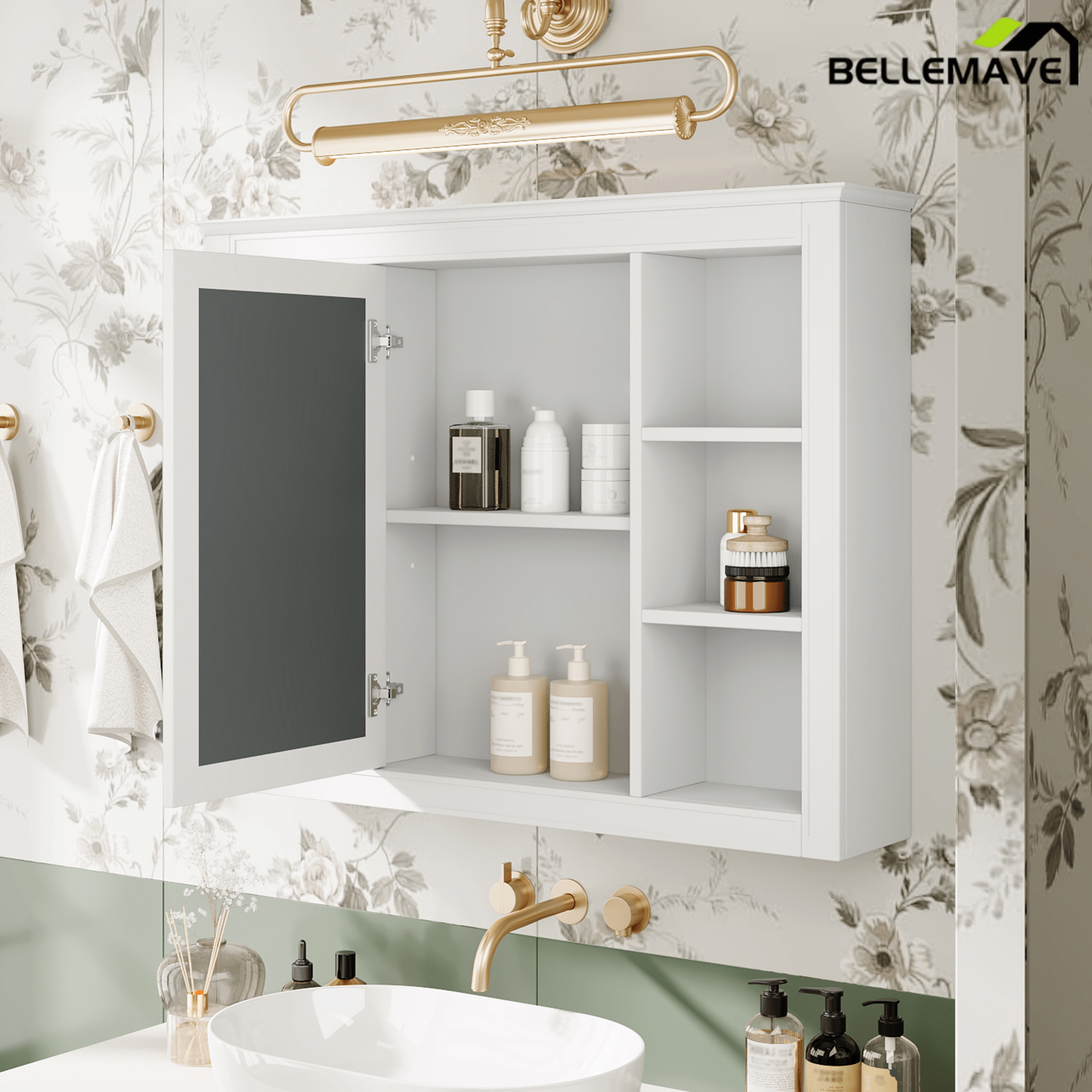 Bellemave® Wall Mounted Medicine Cabinet with Mirror Door & 6 Adjustable Shelves, 35"W x 27.5"H – Bathroom Storage Cabinet - Bellemave