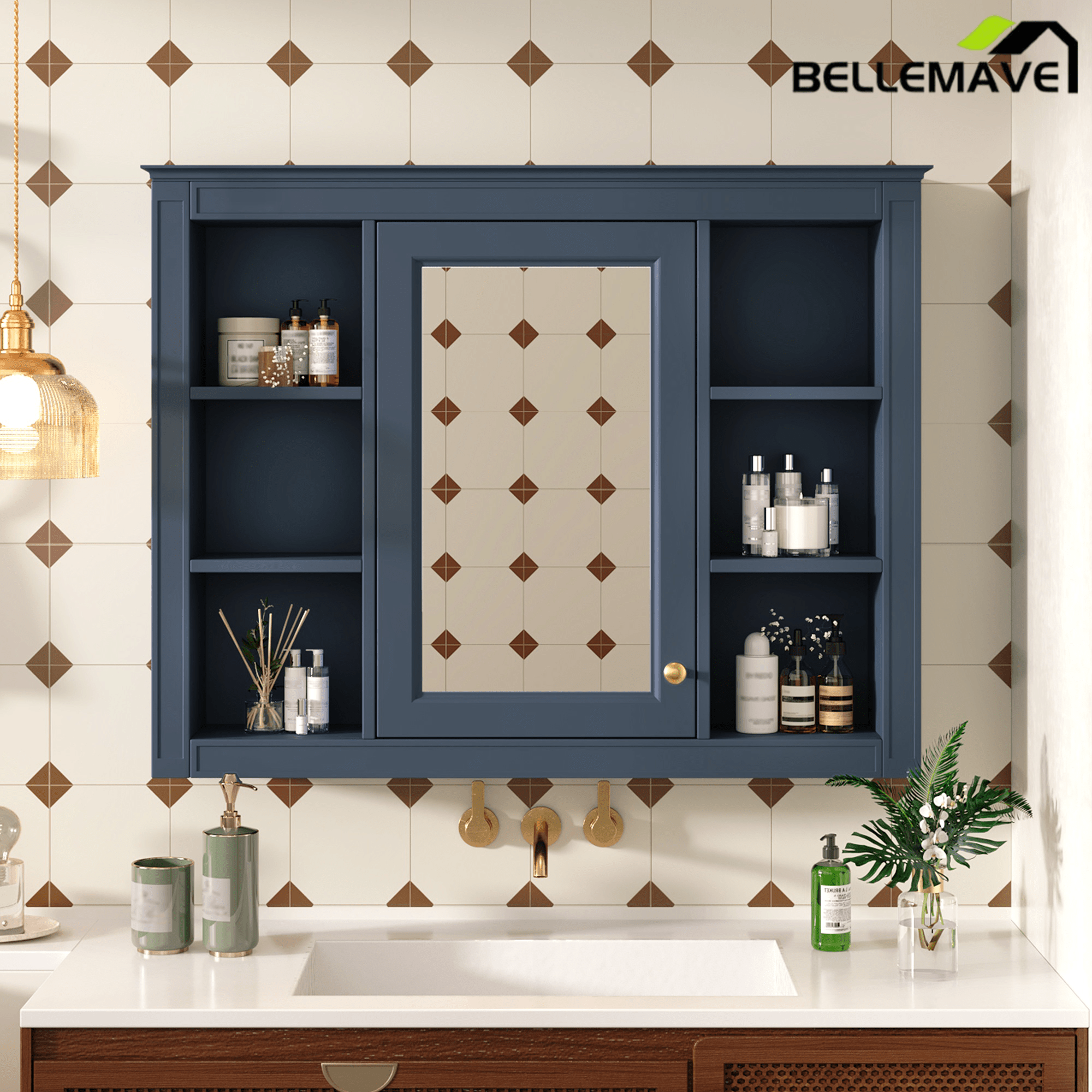 Bellemave® Wall Mounted Medicine Cabinet with Mirror Door & 6 Adjustable Shelves, 35"W x 27.5"H – Bathroom Storage Cabinet - Bellemave