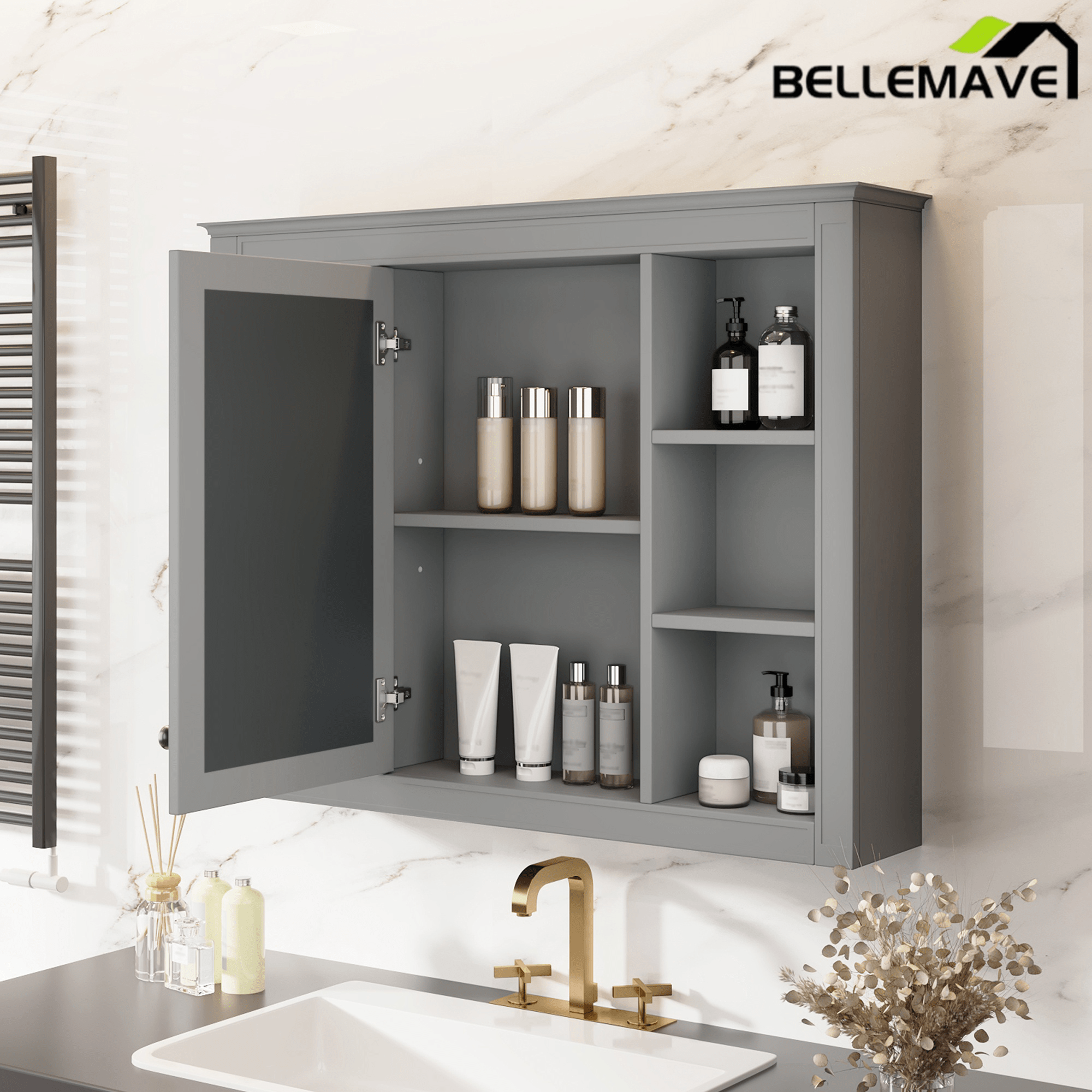 Bellemave® Wall Mounted Medicine Cabinet with Mirror Door & 6 Adjustable Shelves, 35"W x 27.5"H – Bathroom Storage Cabinet - Bellemave
