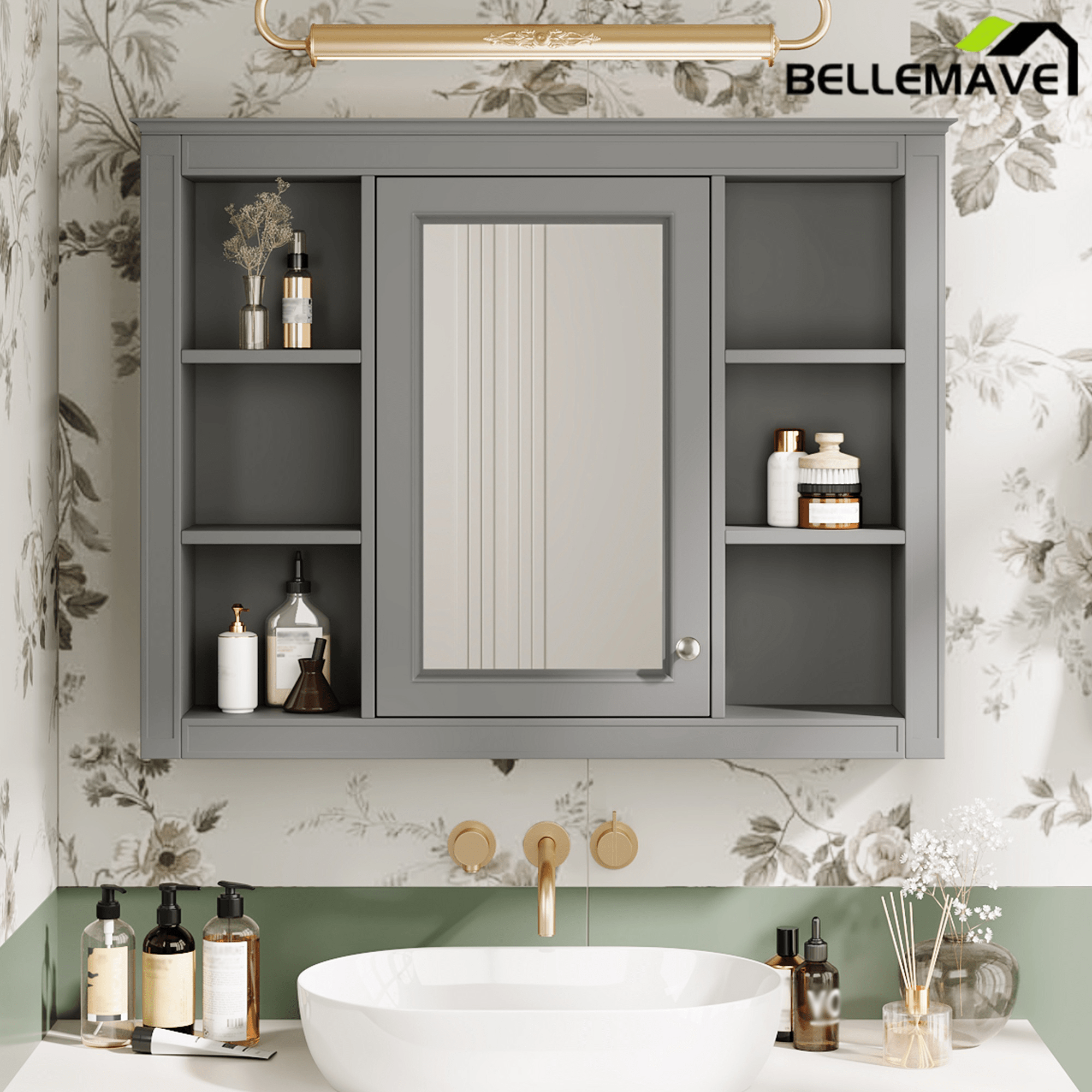 Bellemave® Wall Mounted Medicine Cabinet with Mirror Door & 6 Adjustable Shelves, 35"W x 27.5"H – Bathroom Storage Cabinet - Bellemave