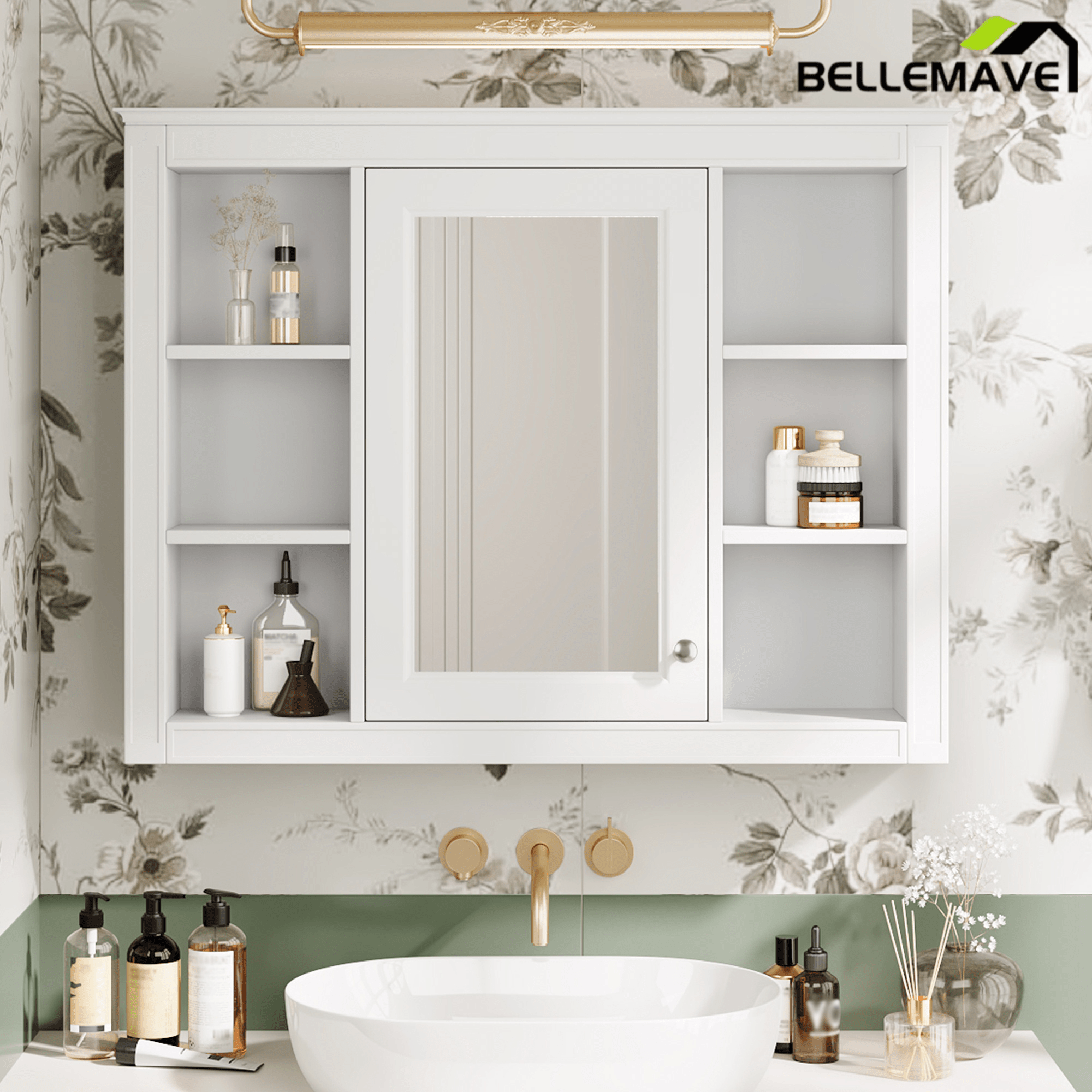 Bellemave® Wall Mounted Medicine Cabinet with Mirror Door & 6 Adjustable Shelves, 35"W x 27.5"H – Bathroom Storage Cabinet - Bellemave