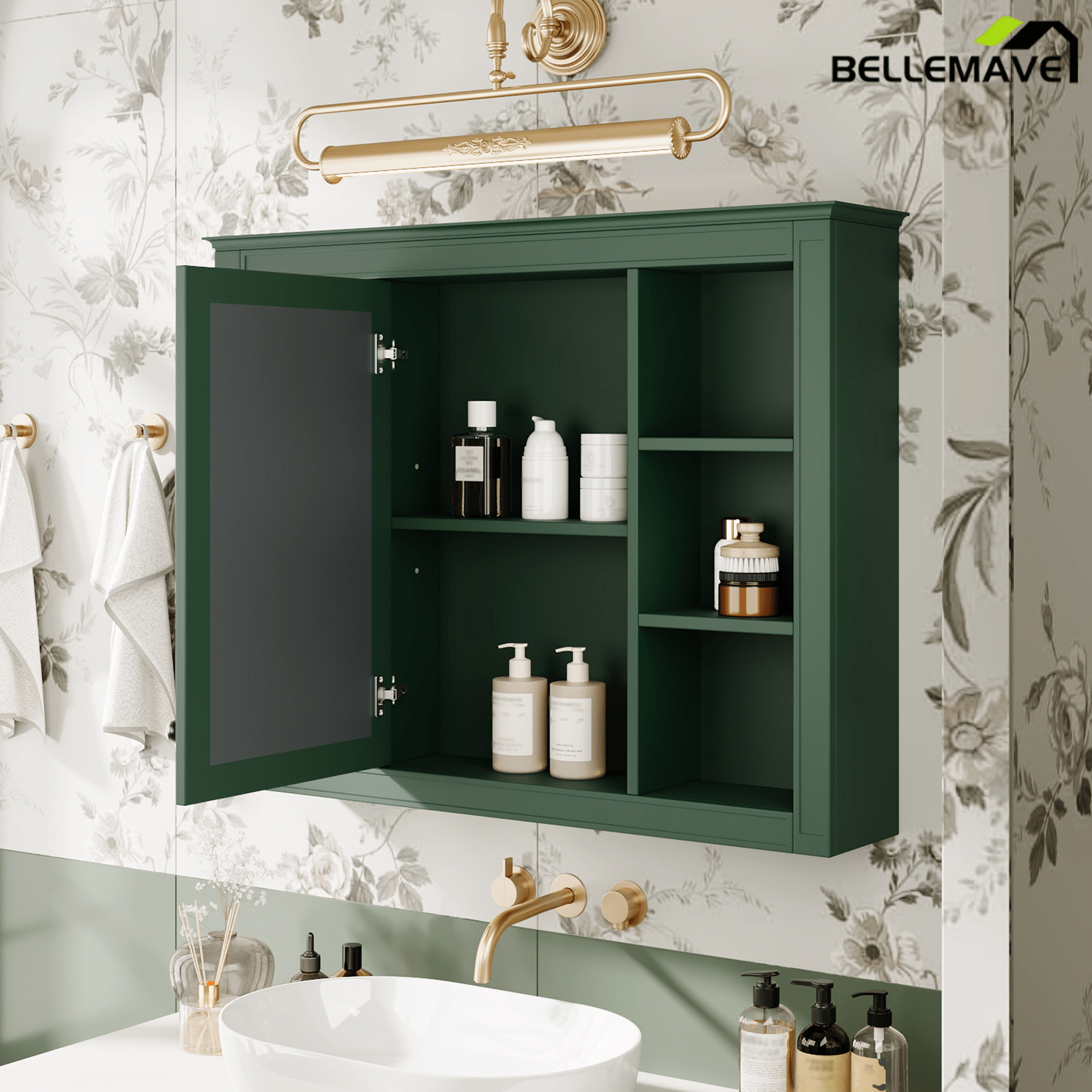 Bellemave® Wall Mounted Medicine Cabinet with Mirror Door & 6 Adjustable Shelves, 35"W x 27.5"H – Bathroom Storage Cabinet - Bellemave