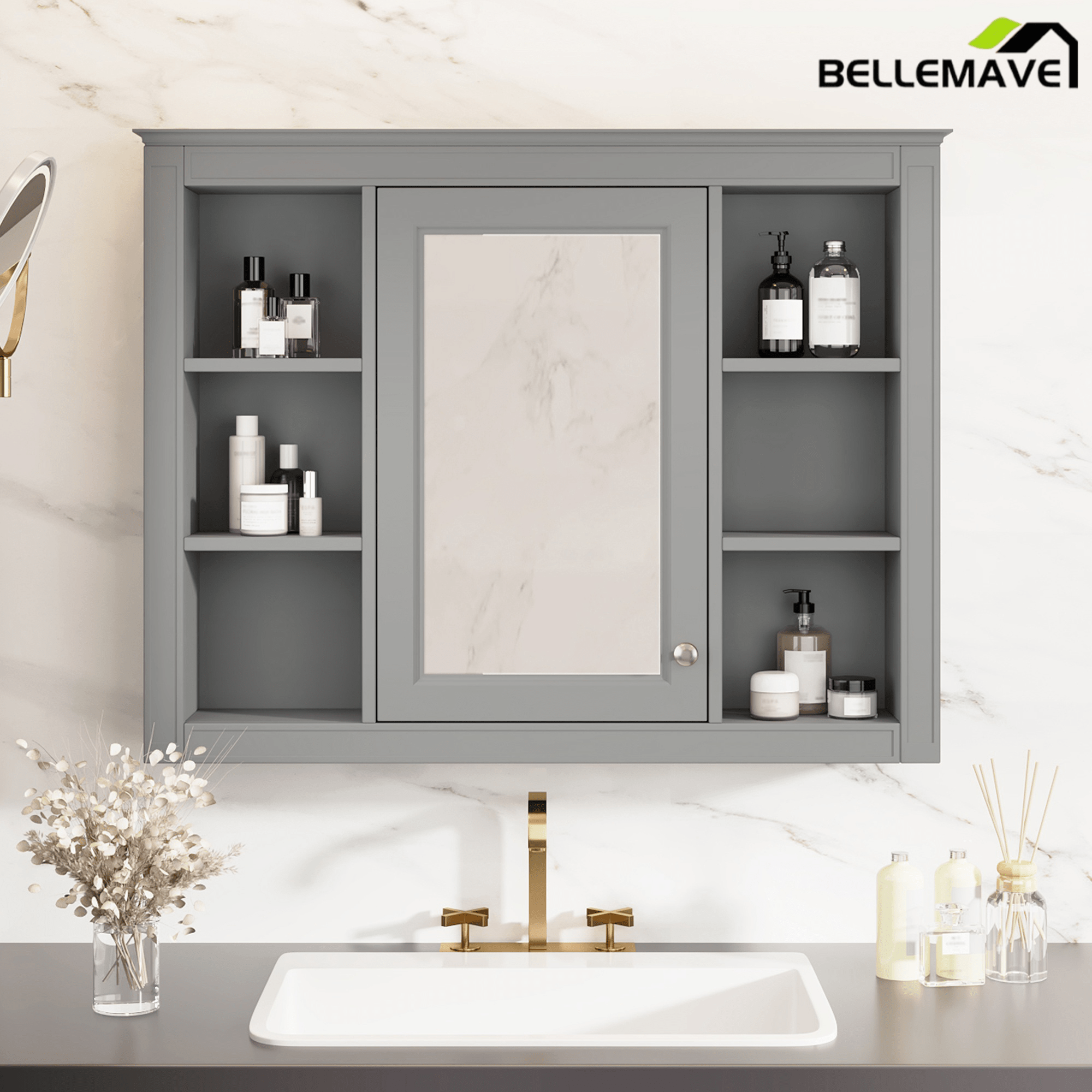 Bellemave® Wall Mounted Medicine Cabinet with Mirror Door & 6 Adjustable Shelves, 35"W x 27.5"H – Bathroom Storage Cabinet - Bellemave