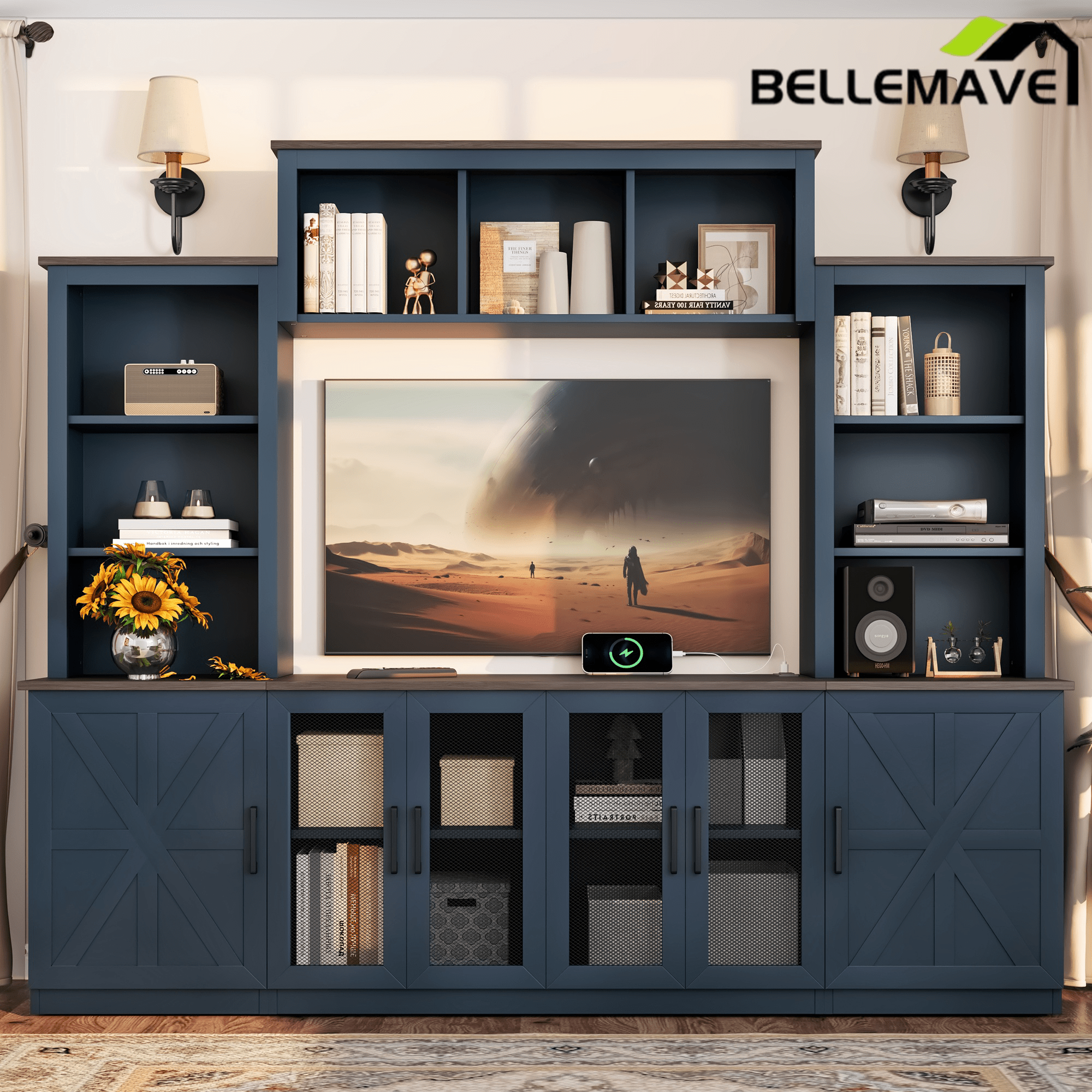 Bellemave® Wall Unit Entertainment Center with Charging Station and USB Charging for TVs,Modern TV Stand with Large Storage Cabinet, Blue - Bellemave