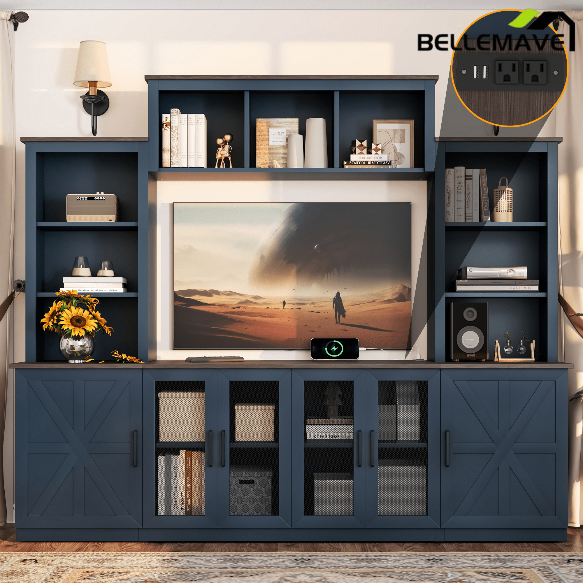 Bellemave® Wall Unit Entertainment Center with Charging Station and USB Charging for TVs,Modern TV Stand with Large Storage Cabinet, Blue - Bellemave