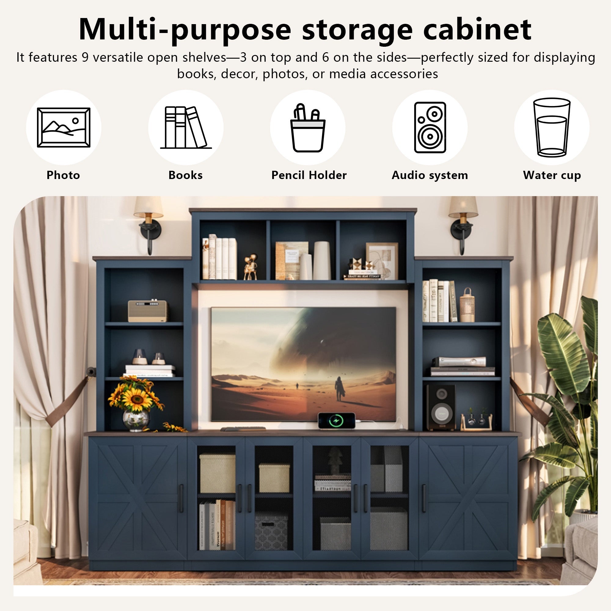 Bellemave® Wall Unit Entertainment Center with Charging Station and USB Charging for TVs,Modern TV Stand with Large Storage Cabinet, Blue - Bellemave