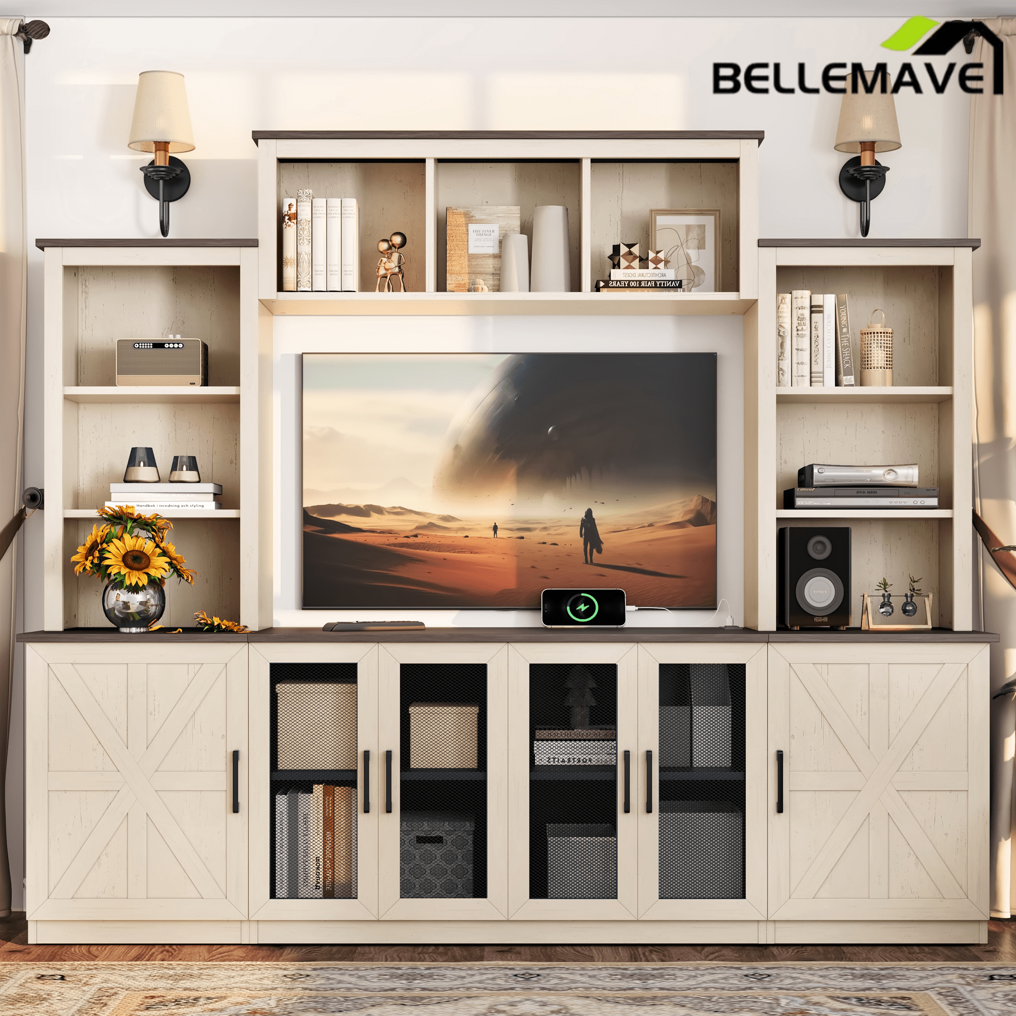 Bellemave® Wall Unit Entertainment Center with Charging Station and USB Charging for TVs,Modern TV Stand with Large Storage Cabinet, Blue - Bellemave