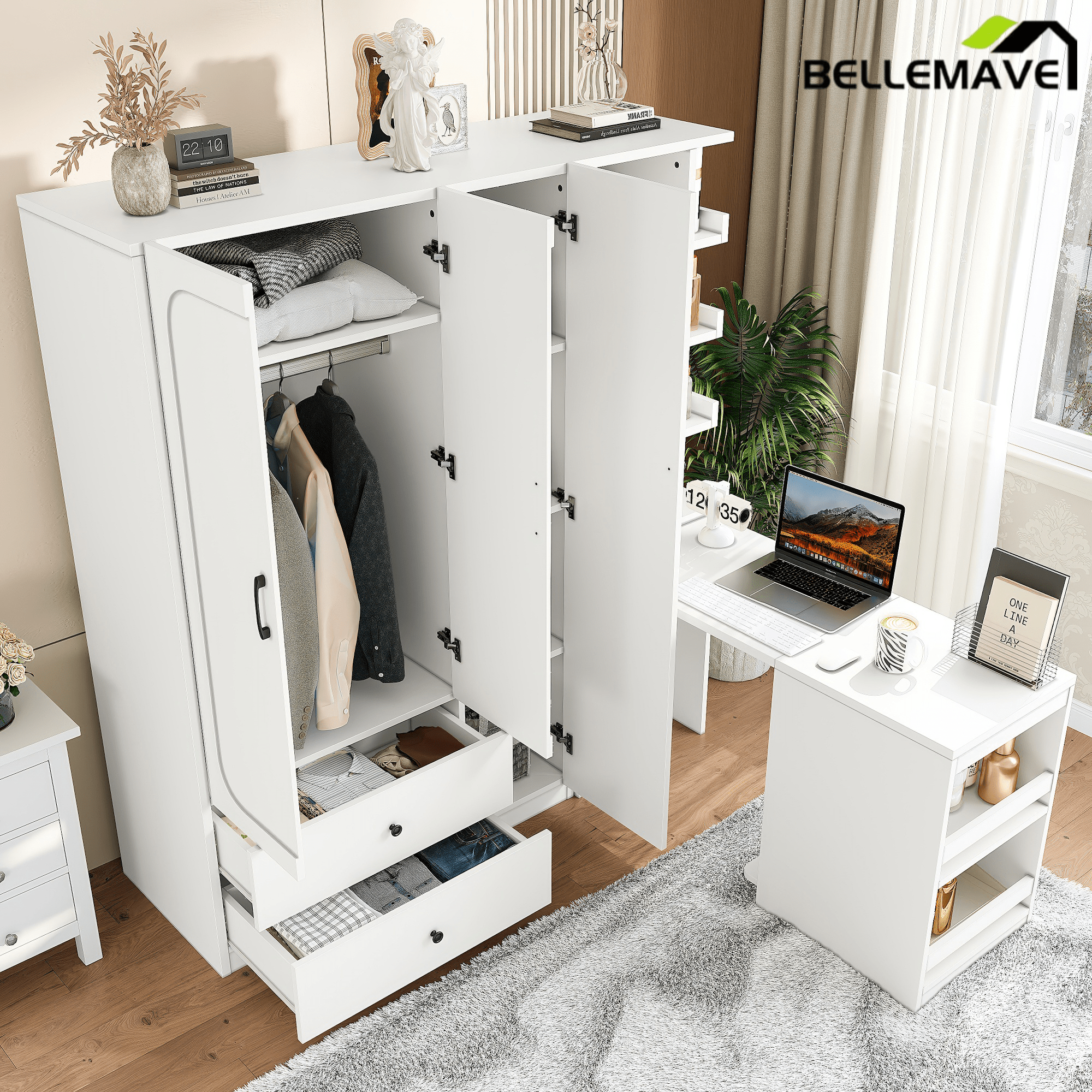 Bellemave® White Multifunctional Wardrobe with Convertible Desk & Storage Drawers | 2 - Door Wooden Closet for Bedroom, Laundry Room, Hallway | Multi - Storage Wardrobe with Hanging Rod & Shelves - Bellemave