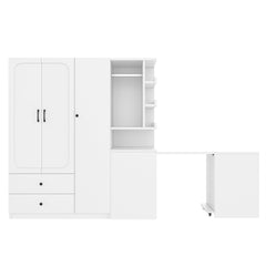 Bellemave® White Multifunctional Wardrobe with Convertible Desk & Storage Drawers | 2 - Door Wooden Closet for Bedroom, Laundry Room, Hallway | Multi - Storage Wardrobe with Hanging Rod & Shelves - Bellemave