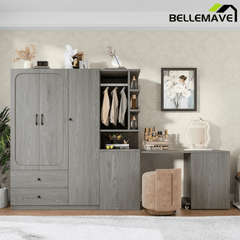 Bellemave® White Multifunctional Wardrobe with Convertible Desk & Storage Drawers | 2 - Door Wooden Closet for Bedroom, Laundry Room, Hallway | Multi - Storage Wardrobe with Hanging Rod & Shelves - Bellemave