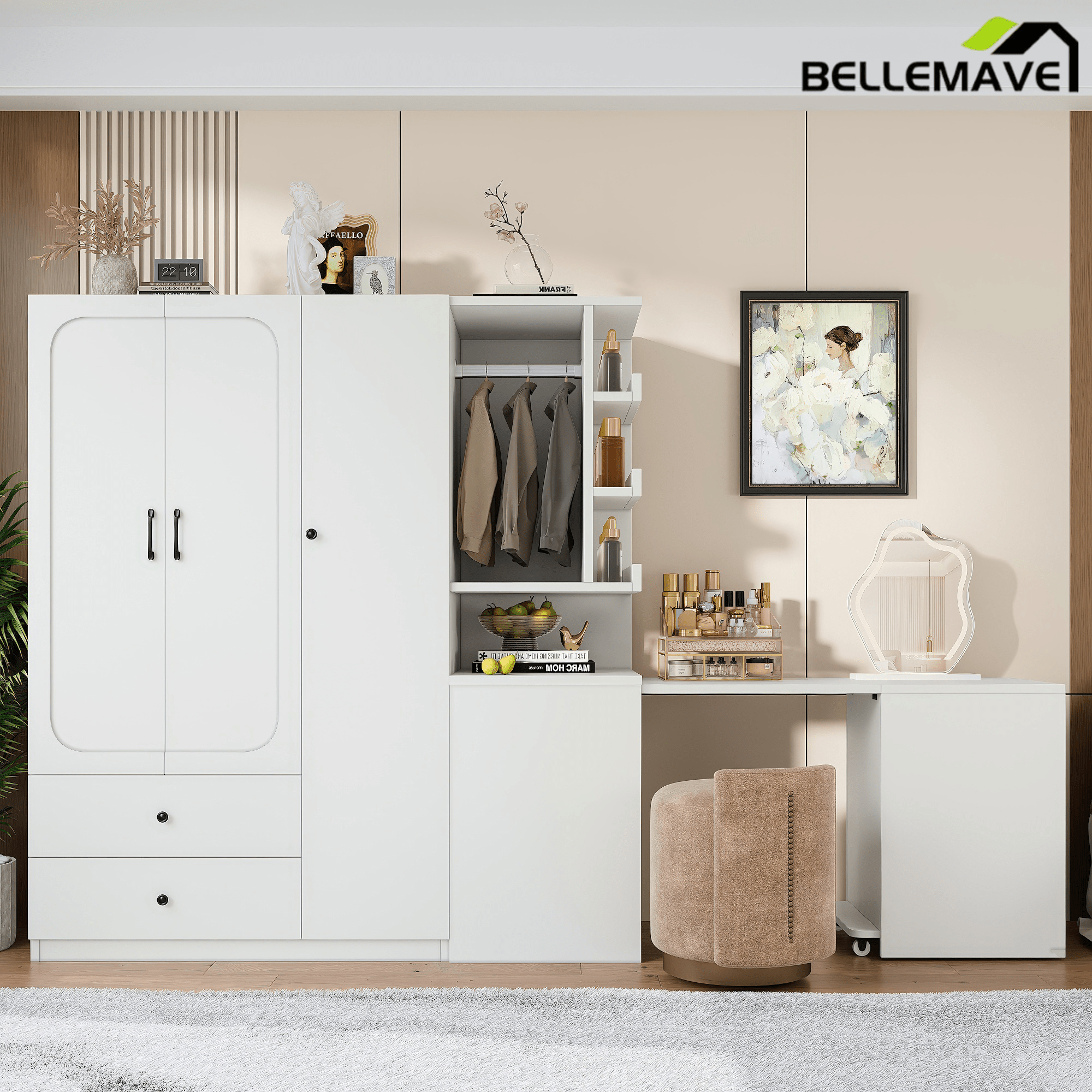 Bellemave® White Multifunctional Wardrobe with Convertible Desk & Storage Drawers | 2 - Door Wooden Closet for Bedroom, Laundry Room, Hallway | Multi - Storage Wardrobe with Hanging Rod & Shelves - Bellemave