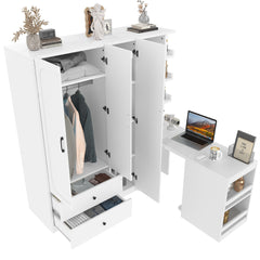 Bellemave® White Multifunctional Wardrobe with Convertible Desk & Storage Drawers | 2 - Door Wooden Closet for Bedroom, Laundry Room, Hallway | Multi - Storage Wardrobe with Hanging Rod & Shelves - Bellemave