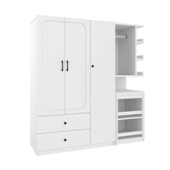 Bellemave® White Multifunctional Wardrobe with Convertible Desk & Storage Drawers | 2 - Door Wooden Closet for Bedroom, Laundry Room, Hallway | Multi - Storage Wardrobe with Hanging Rod & Shelves - Bellemave