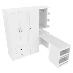 Bellemave® White Multifunctional Wardrobe with Convertible Desk & Storage Drawers | 2 - Door Wooden Closet for Bedroom, Laundry Room, Hallway | Multi - Storage Wardrobe with Hanging Rod & Shelves - Bellemave