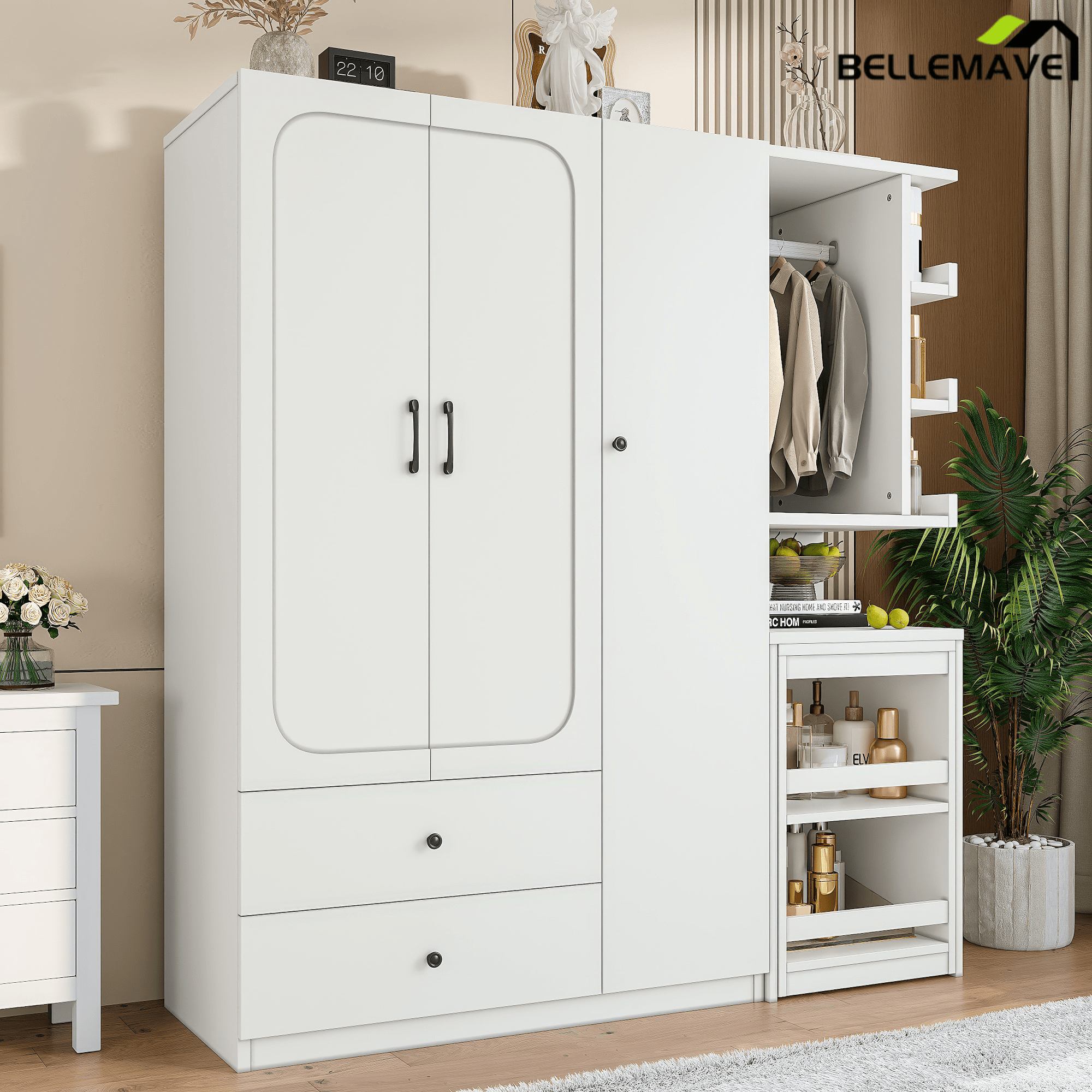 Bellemave® White Multifunctional Wardrobe with Convertible Desk & Storage Drawers | 2 - Door Wooden Closet for Bedroom, Laundry Room, Hallway | Multi - Storage Wardrobe with Hanging Rod & Shelves - Bellemave