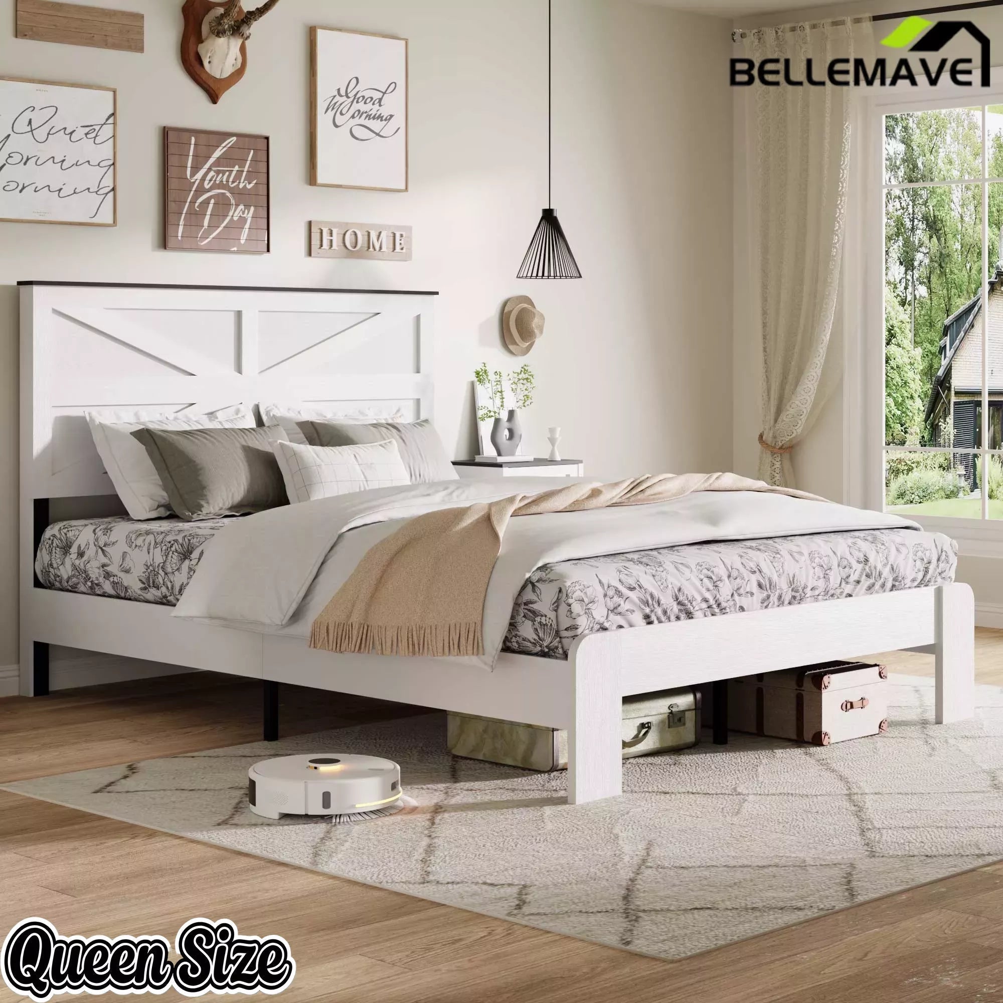 Bellemave® White Solid Wood Platform Bed with Headboard, Footboard & Storage - Bellemave
