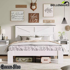 Bellemave® White Solid Wood Platform Bed with Headboard, Footboard & Storage - Bellemave