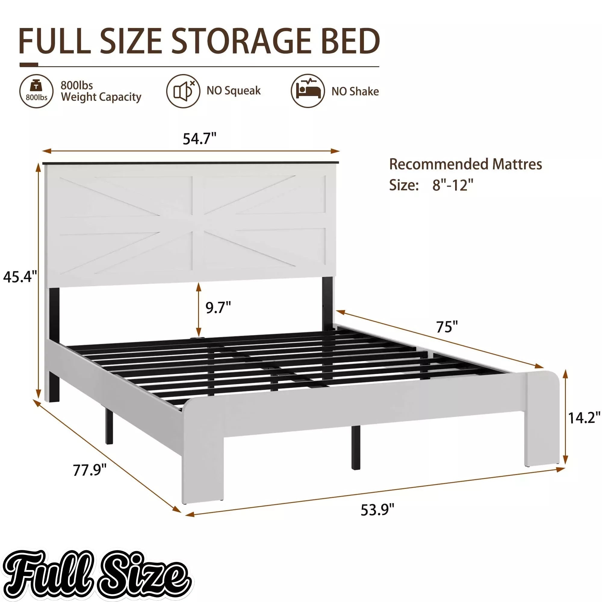 Bellemave® White Solid Wood Platform Bed with Headboard, Footboard & Storage - Bellemave