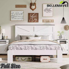 Bellemave® White Solid Wood Platform Bed with Headboard, Footboard & Storage - Bellemave