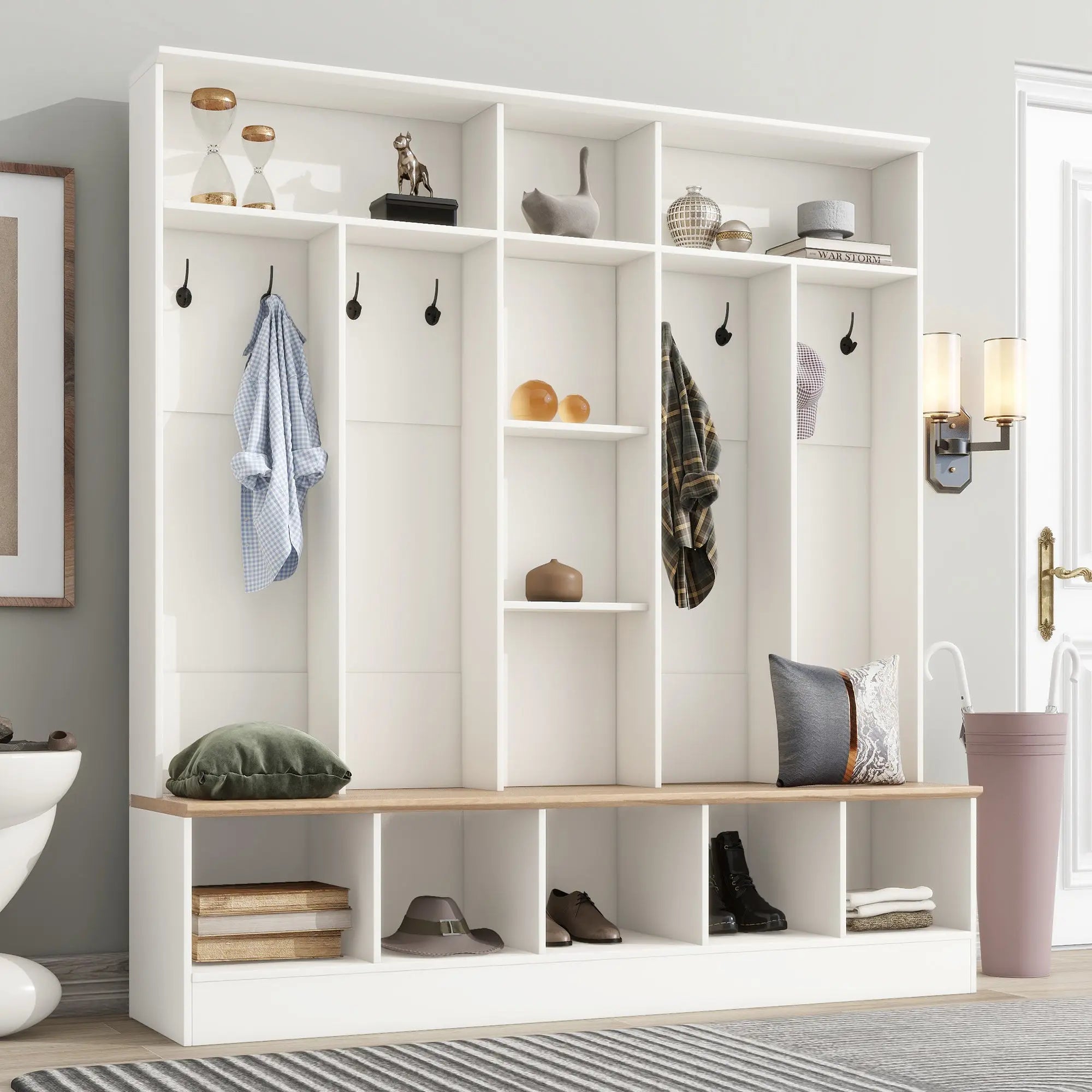 Bellemave® Wide Design Hall Tree with Storage Bench, Cube Storage,Shelves, 8 Hooks - Bellemave