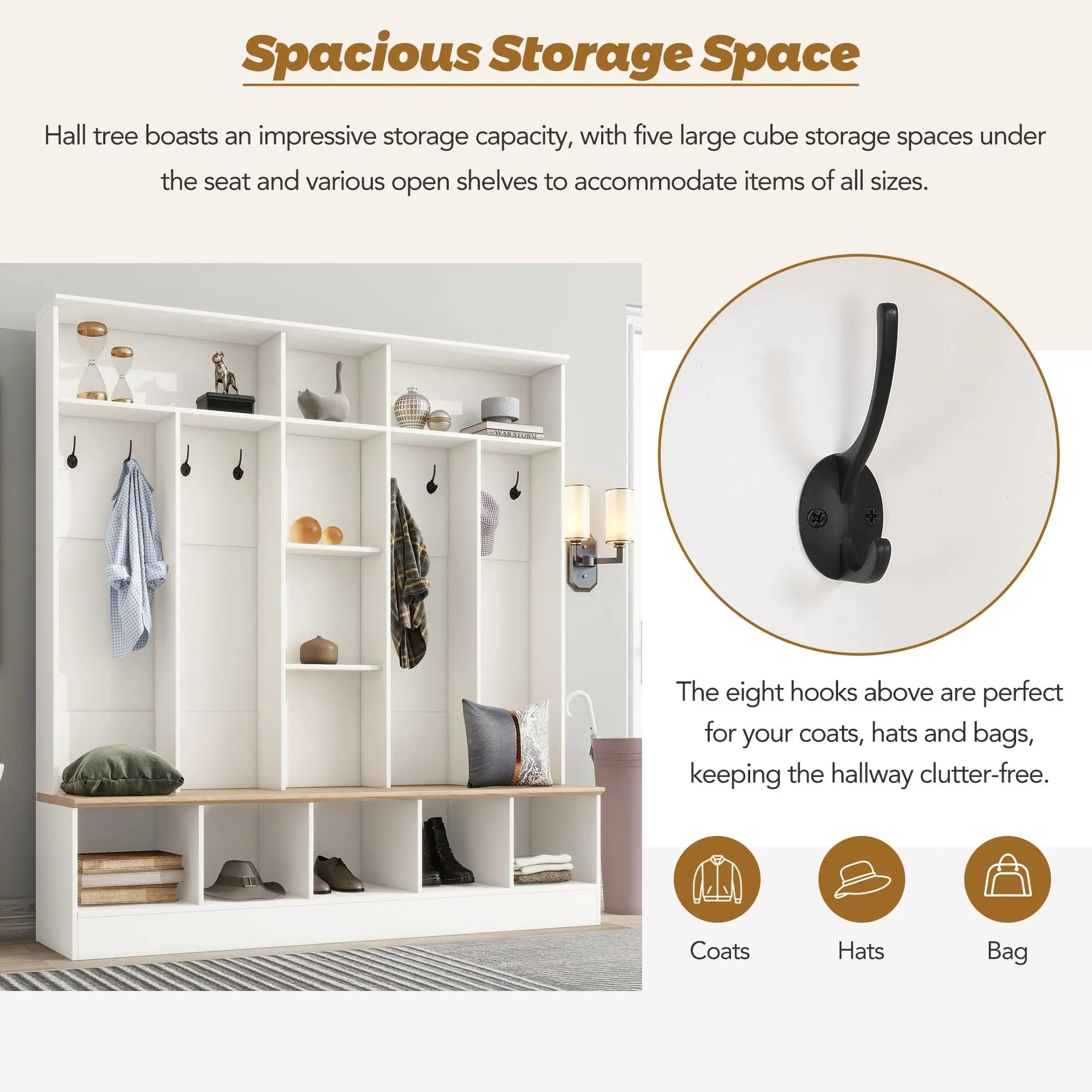 Bellemave® Wide Design Hall Tree with Storage Bench, Cube Storage,Shelves, 8 Hooks - Bellemave