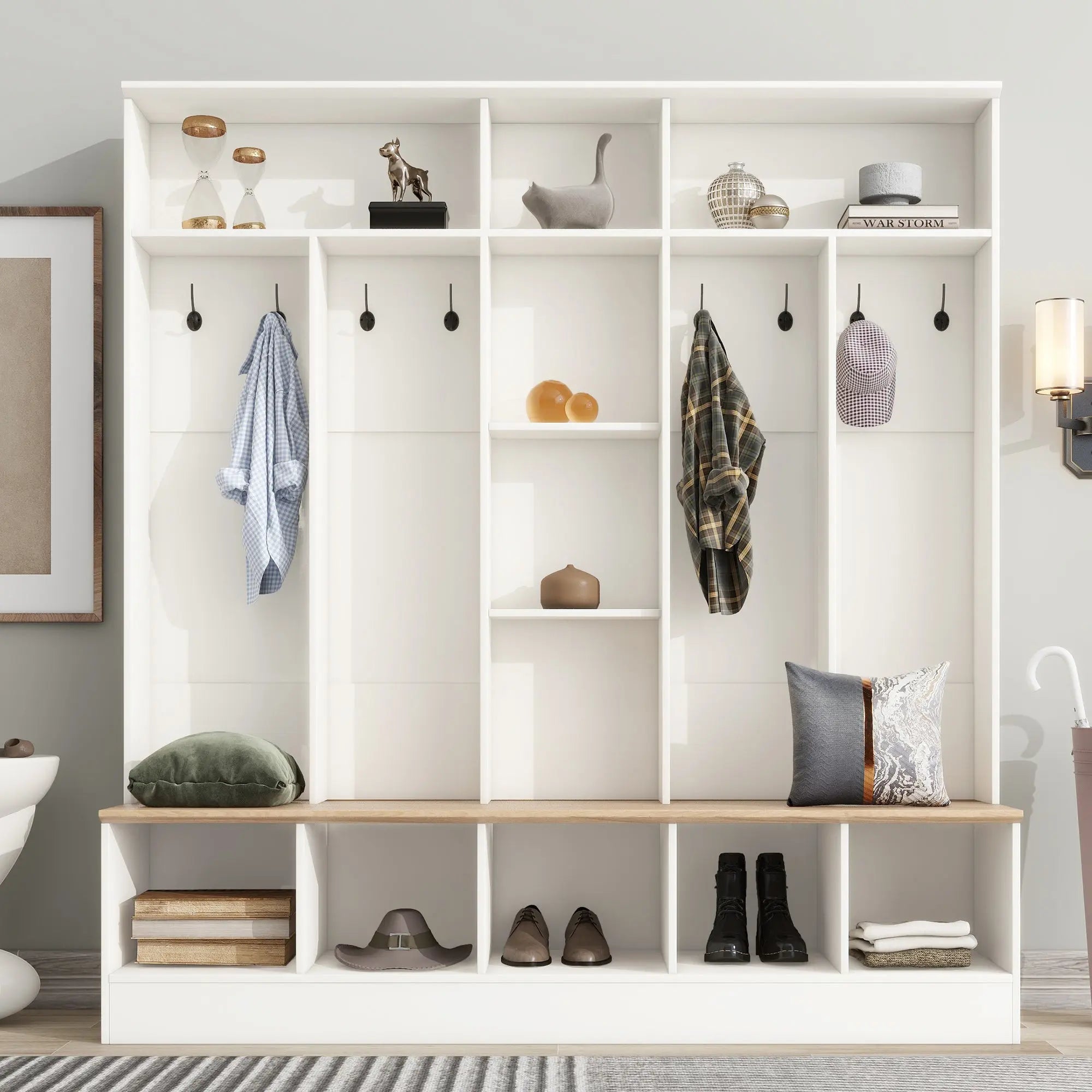 Bellemave® Wide Design Hall Tree with Storage Bench, Cube Storage,Shelves, 8 Hooks - Bellemave