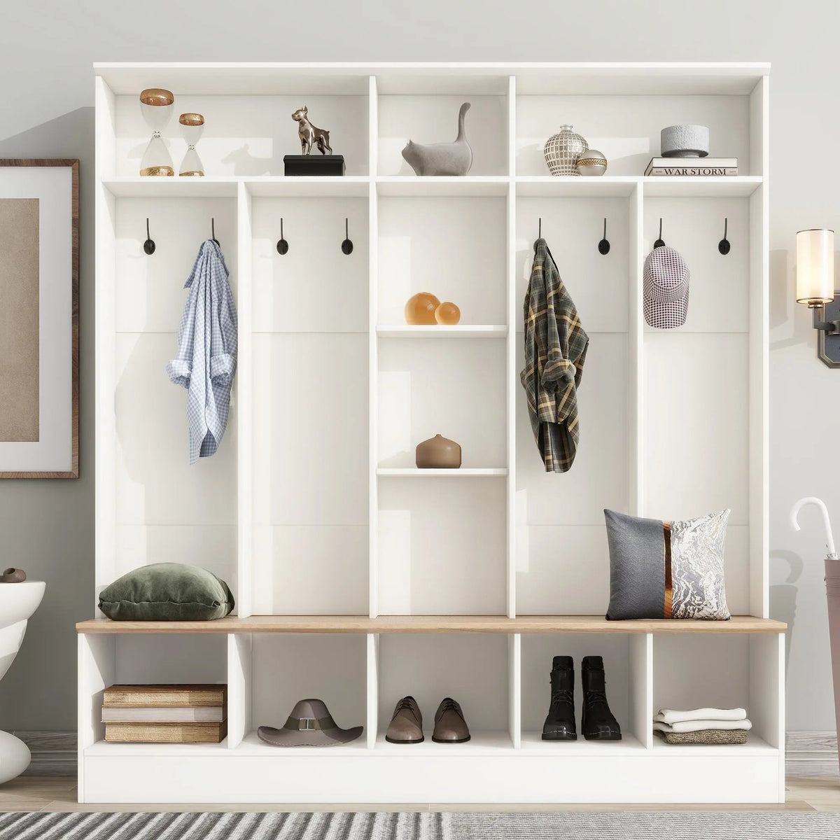 Bellemave® Wide Design Hall Tree with Storage Bench, Cube Storage,Shelves, 8 Hooks - Bellemave